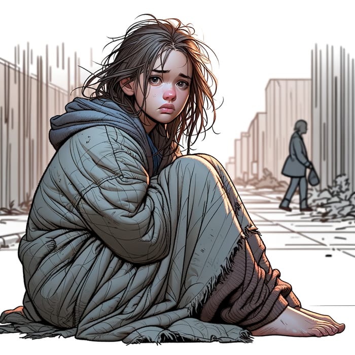 Animated Illustration: Desolate Young Girl on Sidewalk
