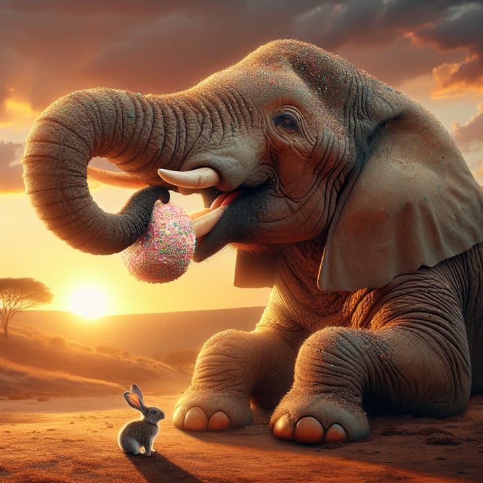 Magical Scene of Elephant Enjoying Sweet Treat at Sunset