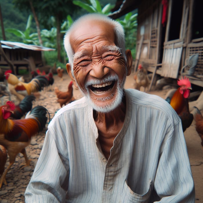 Elderly Man Happy at Village with Chickens | Cultural Heritage