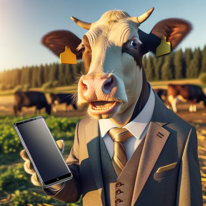 Joyful Cow Wearing Stylish Suit Holding Smartphone with Æ