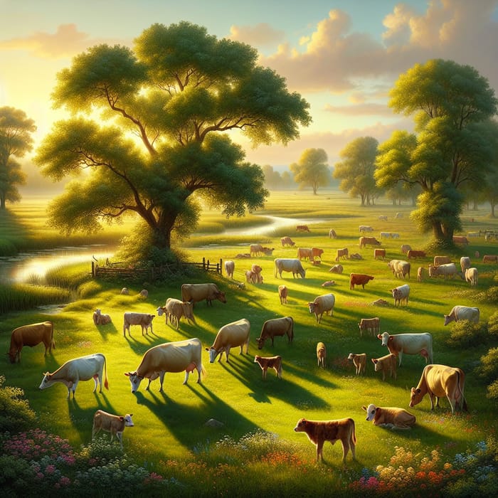Tranquil Pasture with Herd of Cows: Serene Rural Landscape
