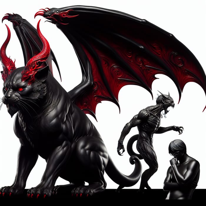 Big Scary Devil Black Cat with Red Horns & Dragon Wings