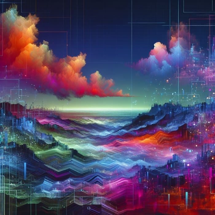 Abstract Digital Landscape: Neon Colors & Geometric Shapes