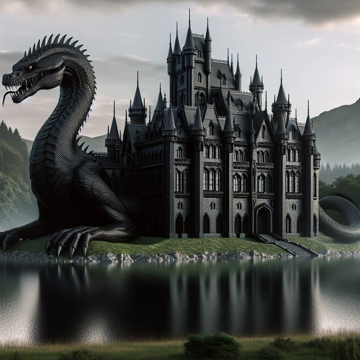 Imposing Black Castle Surrounded by Lake and Basilisk