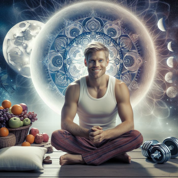 Smiling Strong Caucasian Man with Mandala and Fruit