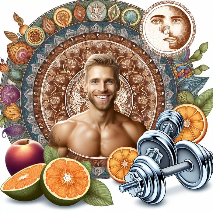 Mandala Holistic Life Fruit Moon Dumbbells Strong Smiling Man