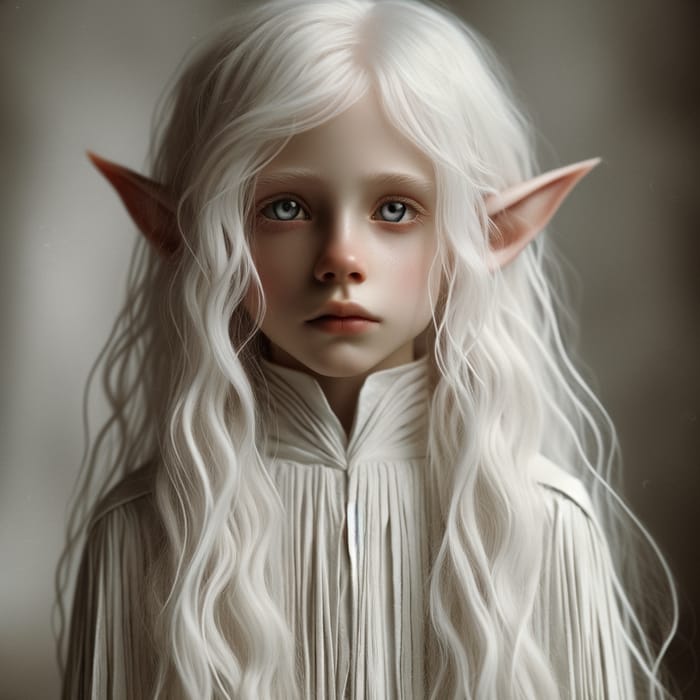 Caucasian Elf Child with Long White Hair in Mystical White Robes