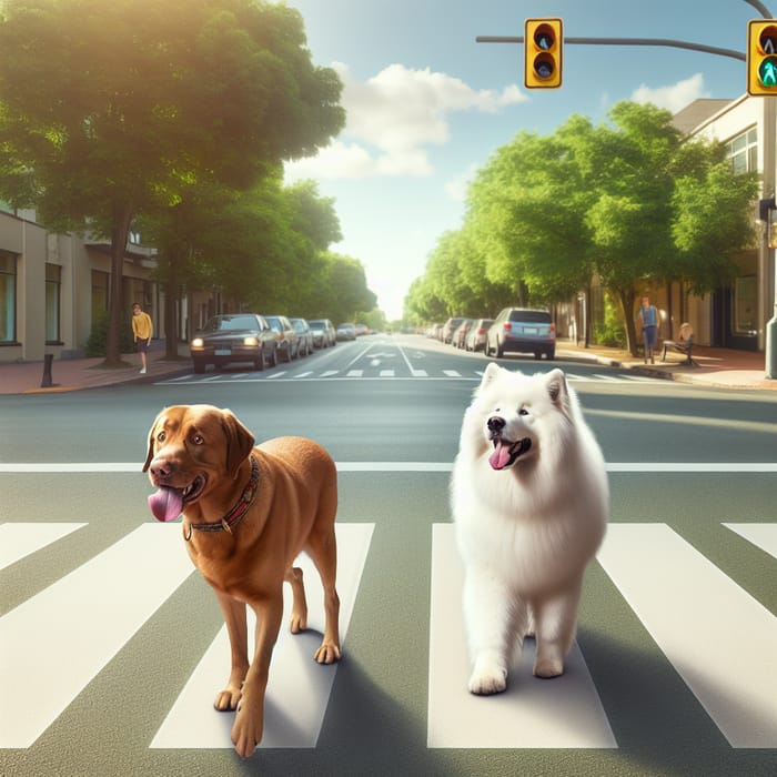 Labrador & Samoyed Crossing Road: Two Dogs Urban Scene