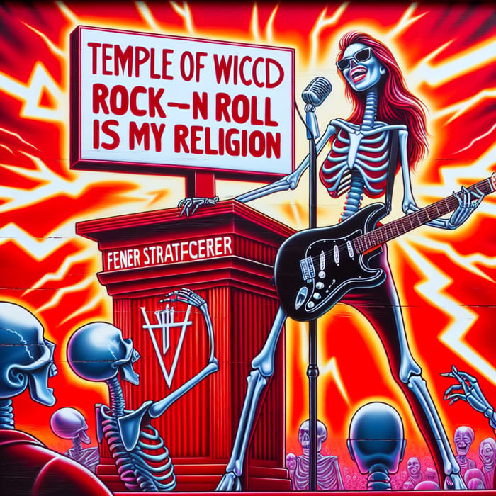 Temple of Wicced: Female Skeleton Preacher Rocking Out with Fender Stratocaster