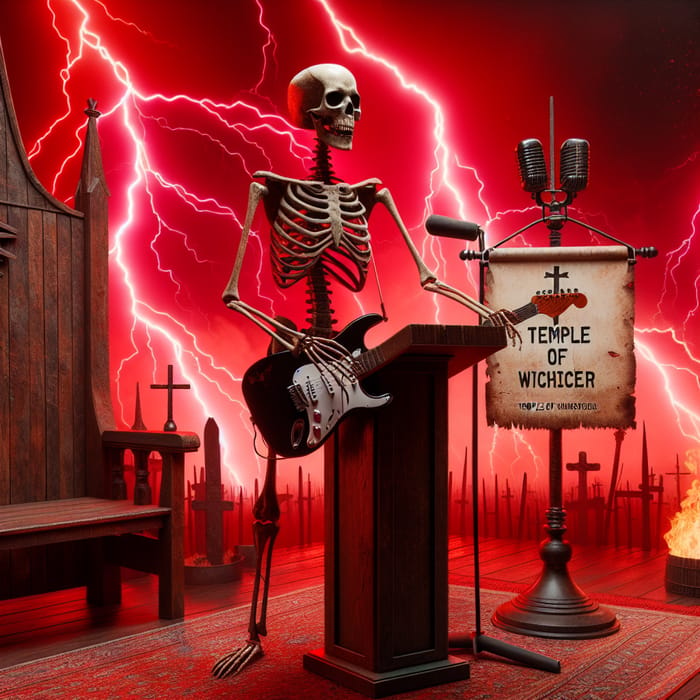 Temple of Wicced: Skeleton Preacher Strumming Black Fender Stratocaster Guitar