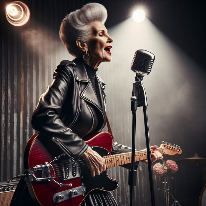 Rockabilly Old Woman in Leather Jacket | Guitar & Singing