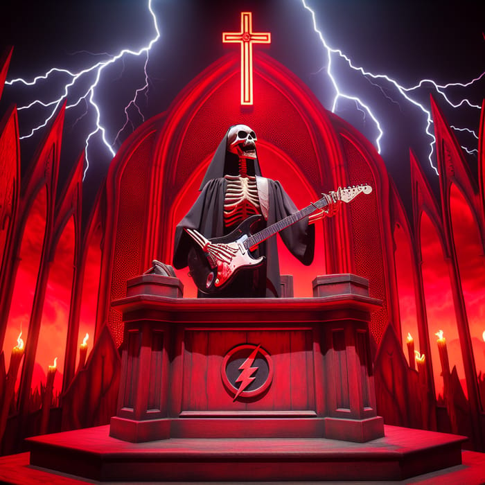 Crimson Temple Scene: Female Skeleton Preacher Playing Guitar