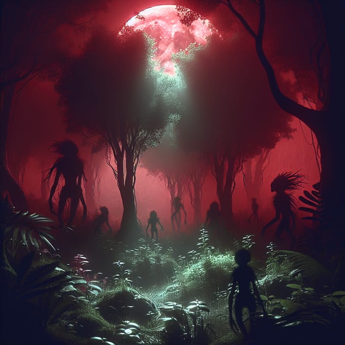 Enchanted Forest under Blood-Red Moon | Surreal Creatures
