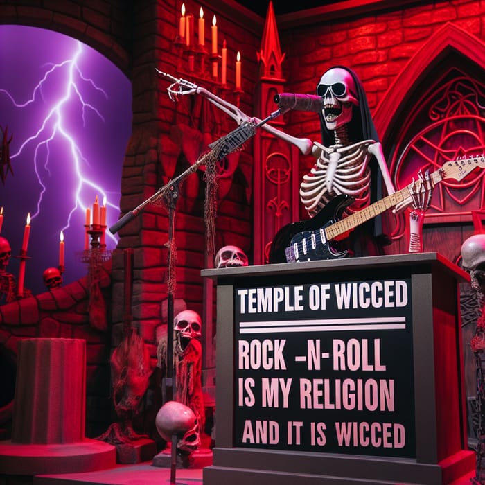 Female Skeleton Preacher Rocking Black Fender Guitar at Temple of Wicced
