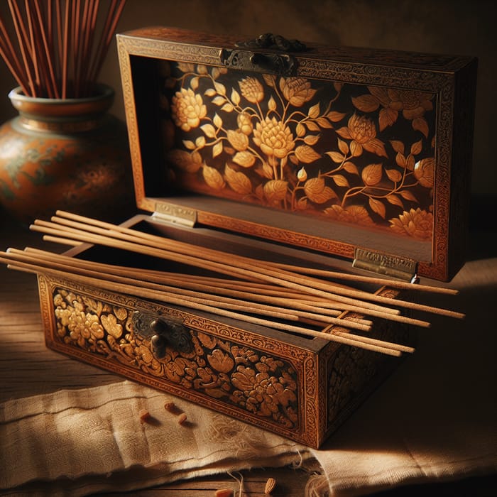 Exotic Antique Wooden Box with Golden Floral Patterns and Fragrant Chinese Incense Sticks