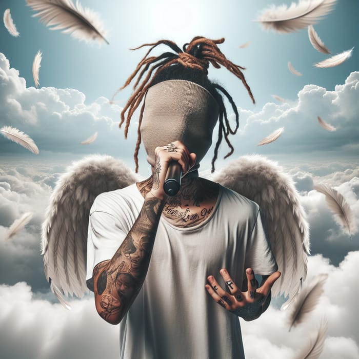 Rap Artist Soars with Angelic Wings in Celestial Performance