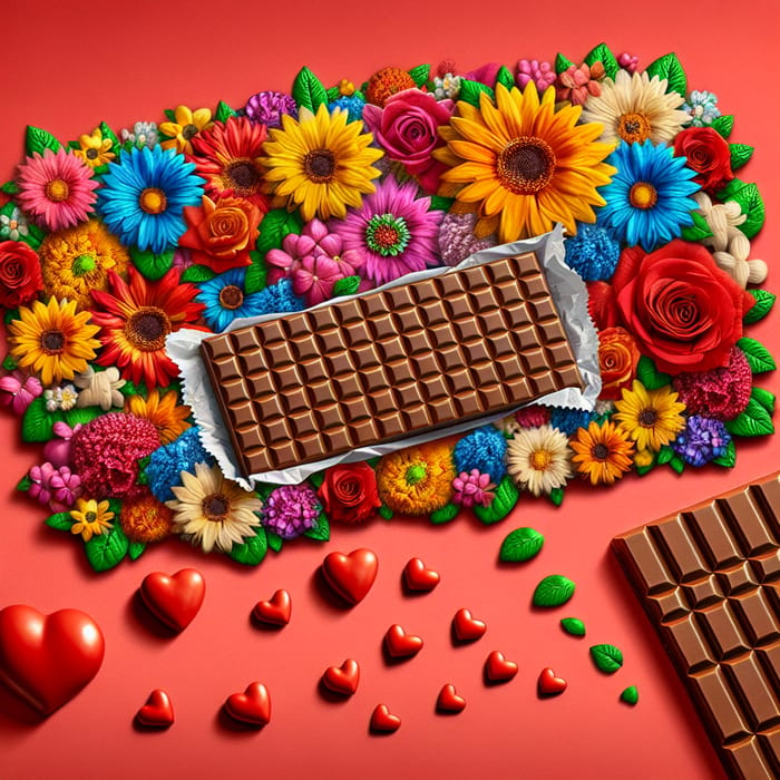 Colorful Flowers and Hearts Surrounding a Wrapped Wafer Chocolate