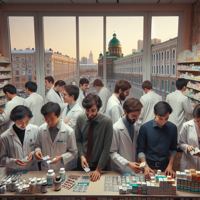 Young Hobbyist Pharmacists Examining Pharmaceutical Supplies in Kazakhstan Pharmacy