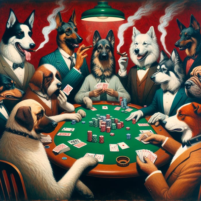 Dog Poker Night with Cigars and Green Table - Red Walls