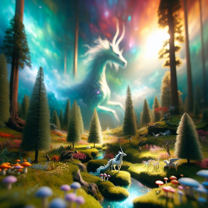 Enchanting Mythical Creature in Vibrant Dream Forest