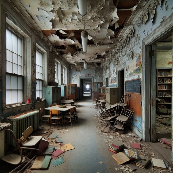 Abandoned School Hallway with Old Lockers, Books, Cafeteria, and Library