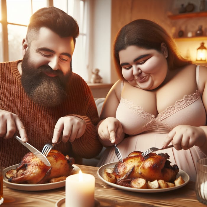 Cozy Joy: Overweight Couple savoring Roasted Chicken Meal