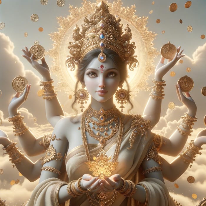 Symmetrical Hindu Goddess Shri-Lakshmi with Beautiful Eyes and Ancient Jewelry