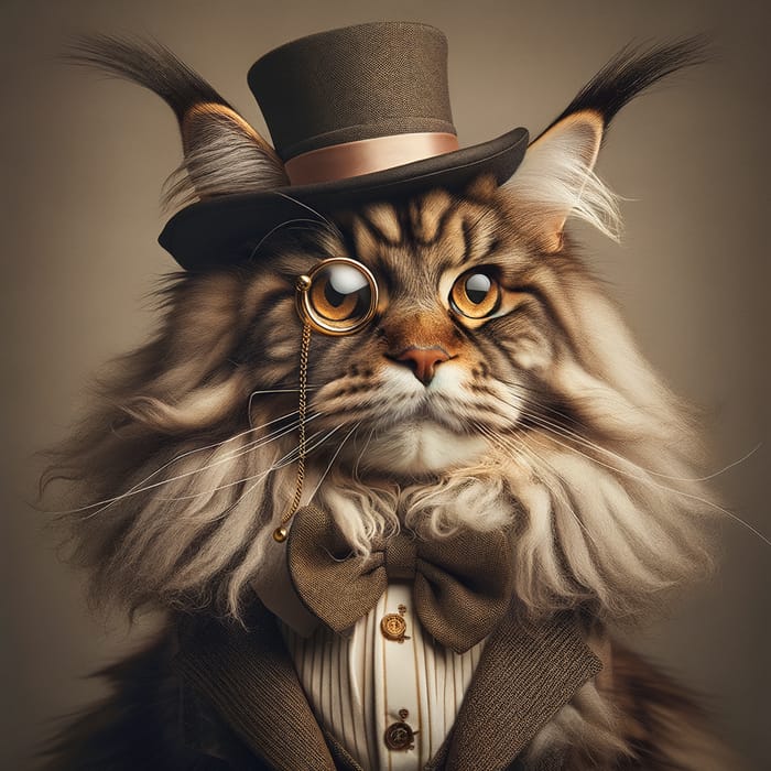 Formal Maine Coon Cat in Stylish Top Hat and Monocle