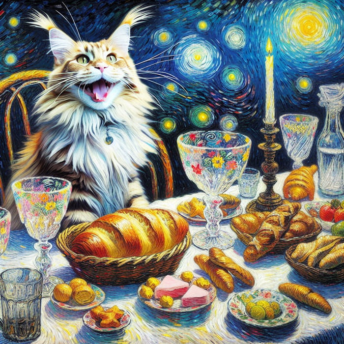 Maine Coon Cat on Festive Table with Falling Food in Van Gogh Style