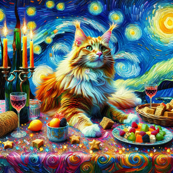 Playful MaineCoon Cat on Artistic Festive Table | Vibrant Scene