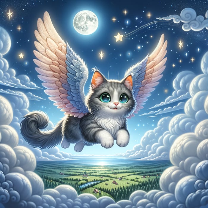 Enchanting Flying Cat in Dreamy Sky