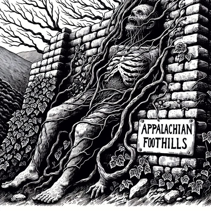 B&W Horror Manga Illustration of Appalachian Foothills and Old Human Body