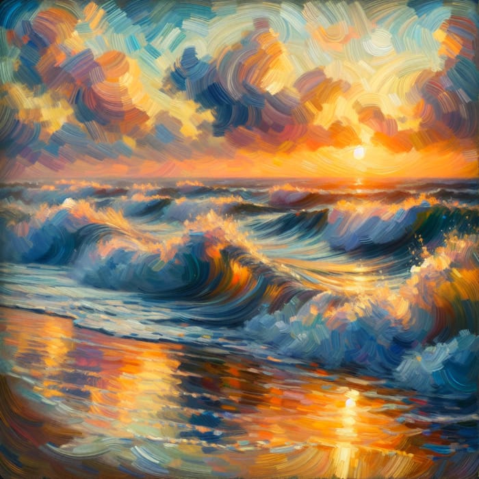 Golden Hour Ocean Waves Impressionist Painting