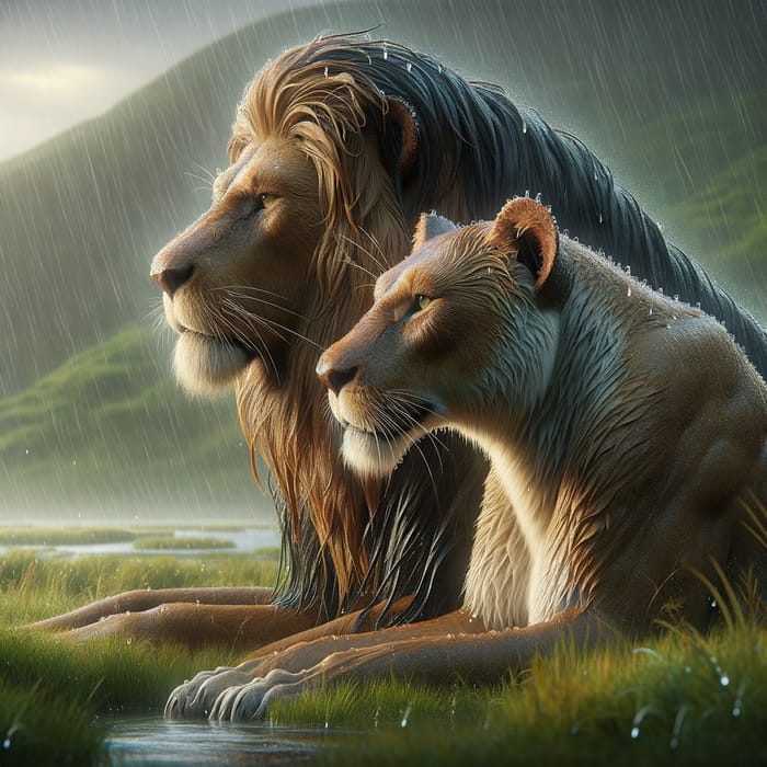 Majestic Lion and Lioness Art in Serene Rain | 3D Scene