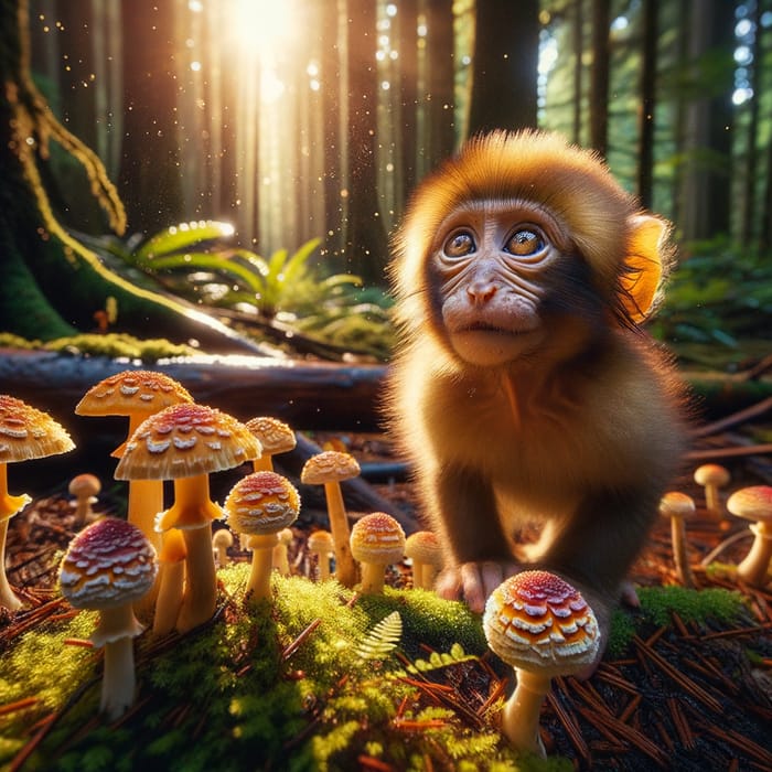 Curious Monkey with Magical Mushrooms in BC Forest
