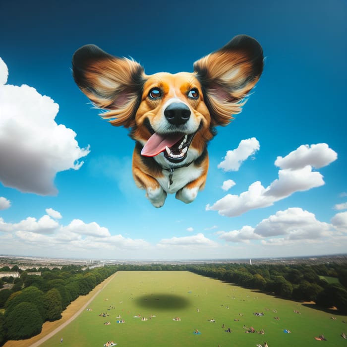 Exciting Image of a Happy Dog Soaring in Blue Sky