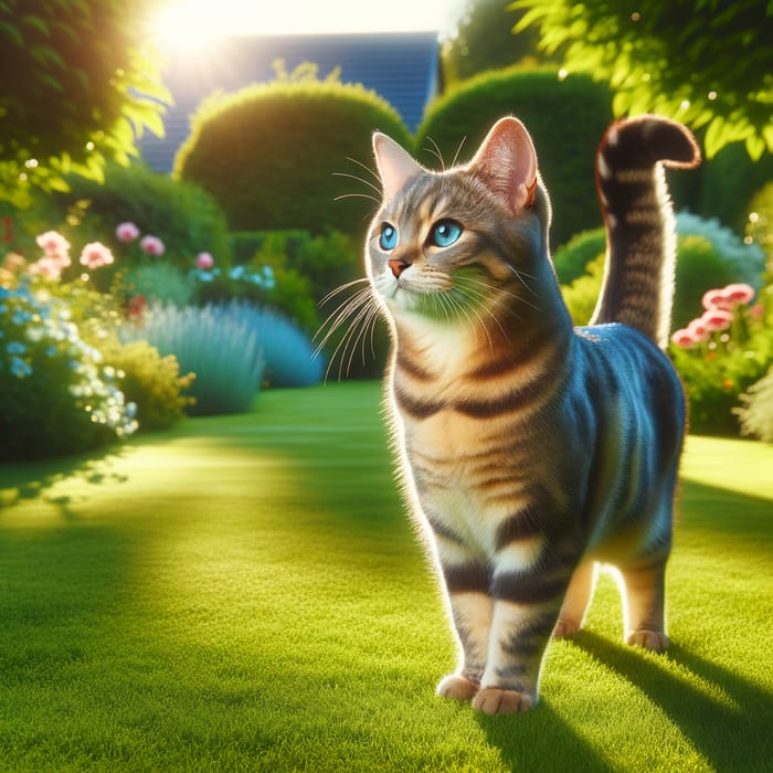 Beautiful Blue-Eyed Tabby Cat in a Garden