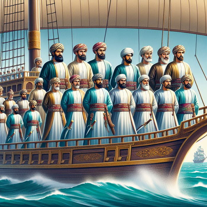 Ancient Warship Crew with Diverse Captains and Omani Attire