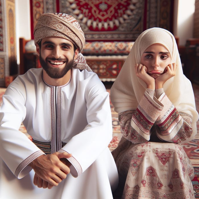 Happy Omani Man Sitting with His Sad Hijab-Wearing Wife