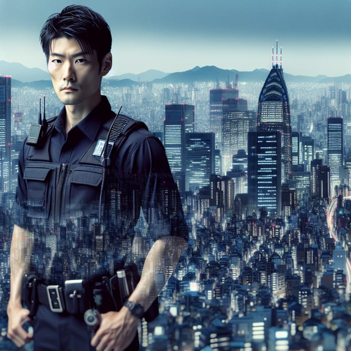 Asian Undercover Police Officer in Japan Amid Cityscape