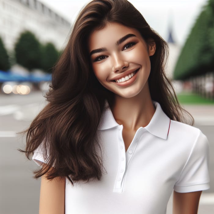 Happy Brunette Woman in White Polo Shirt