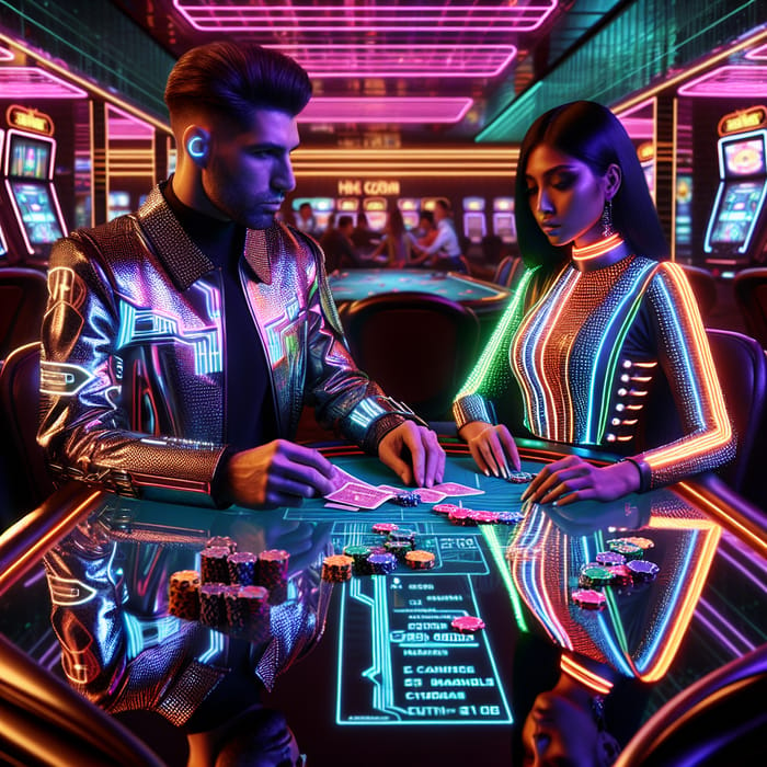 Cyberpunk Casino Scene: Man and Woman Engaged in Card Game
