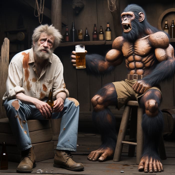 Drunken Encounter: Rustic Tavern Scene with Muscular Companion
