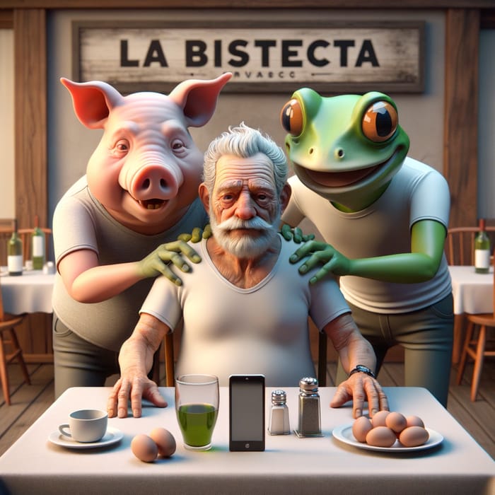 3D Image of Old Pig, Frog-Faced Man, and Egg-Faced Man at La Bistecca Restaurant