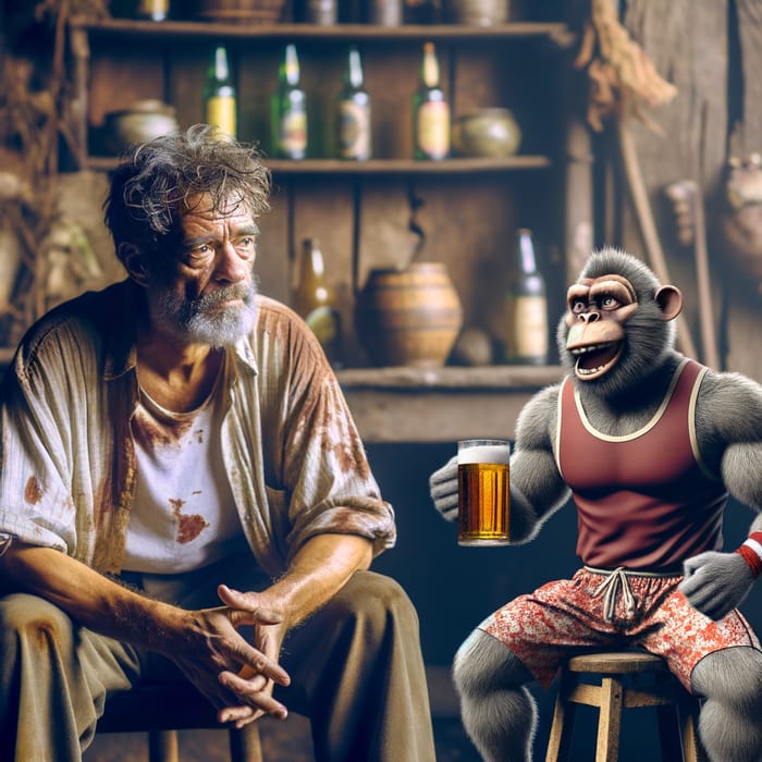 Rustic Tavern Encounter: Aged Drunk next to Athletic Monkey Friend