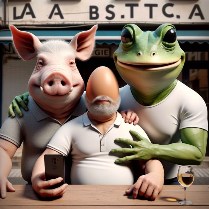Virtual 3D Scene: Elderly Pig, Frog-faced Man, Egg-faced Man at LA BISTECA