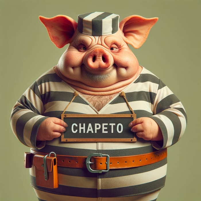 Old and Fat Pig in Prison Suit with 'CHAPETO' Sign