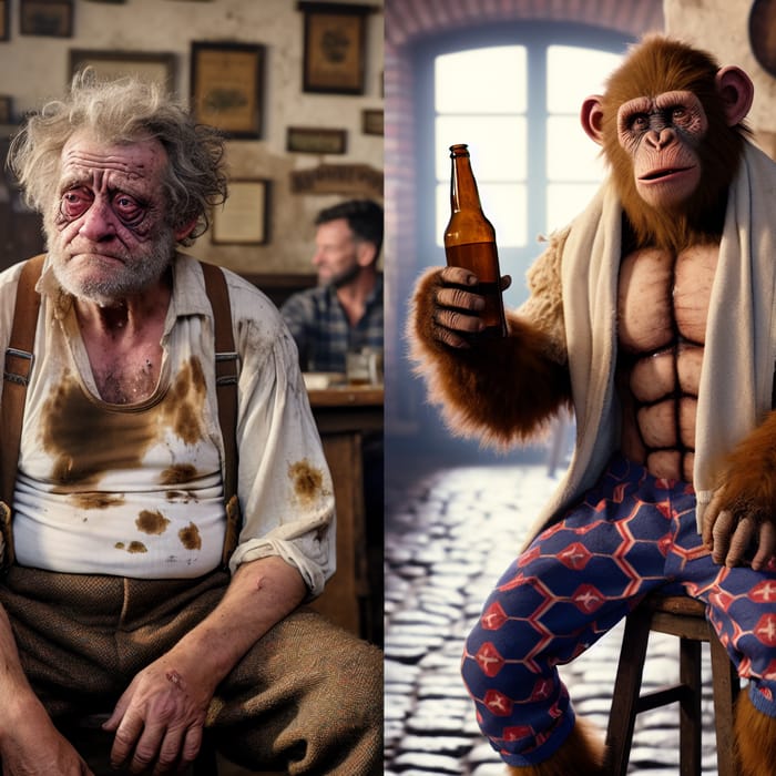 Unkempt Man and Muscular Ape in Rustic Cantina: A Bizarre Encounter