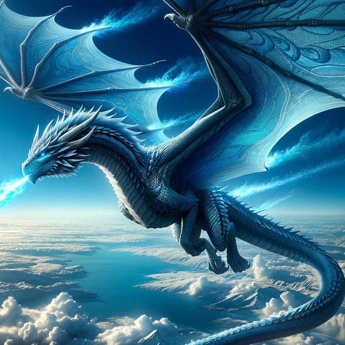 Majestic Blue Dragon Soaring Across Azure Skies