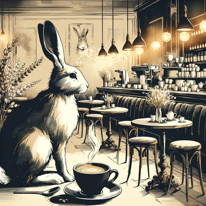 Cozy Café Scene with Hare and Vintage Charm | Black, White, Gold Ambiance